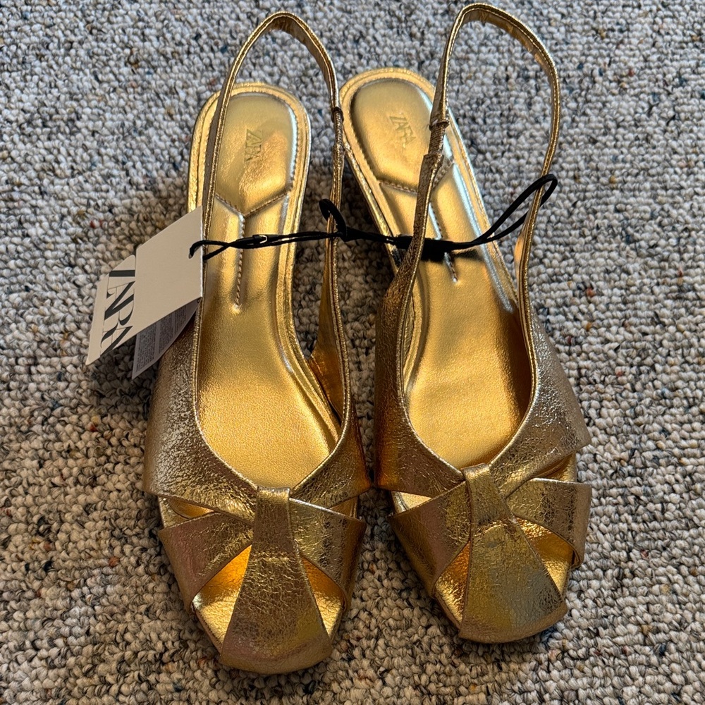 Gold Zara Slingback Kitten Heel Sandals